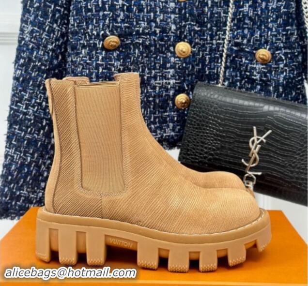 Good Product Louis Vuitton LV Checker Ankle Chelsea Boots in Beige Epi Suede 1014119