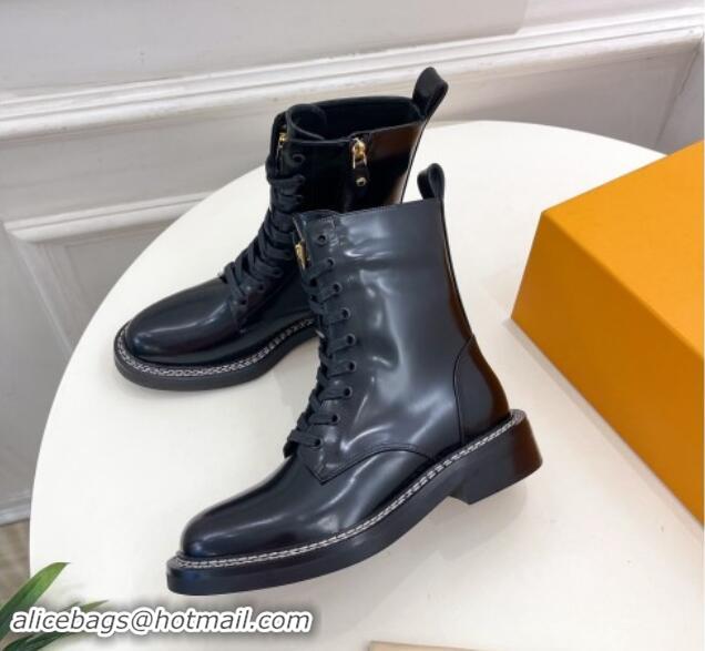 Best Product Louis Vuitton Lace-up Ankle Boots 3.5cm in Black Glazed Leather 1015004