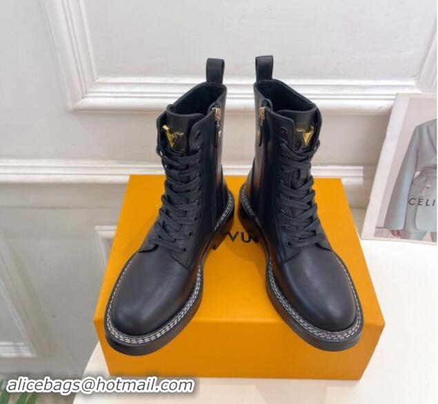 Grade Quality Louis Vuitton Lace-up Ankle Boots 3.5cm in Black Calf Leather 1015005