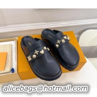 Best Grade Louis Vuitton LV Cosy Flat Comfort Clog Mules in Black Leather with Logo Band 1015007