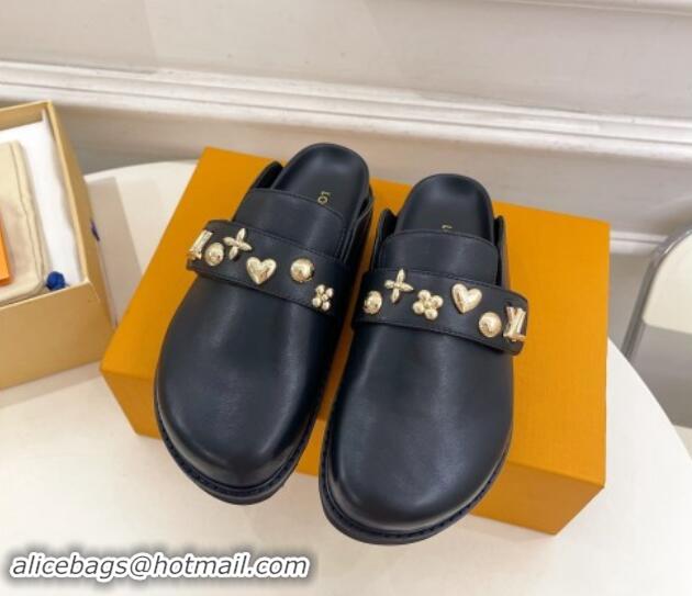 Best Grade Louis Vuitton LV Cosy Flat Comfort Clog Mules in Black Leather with Logo Band 1015007