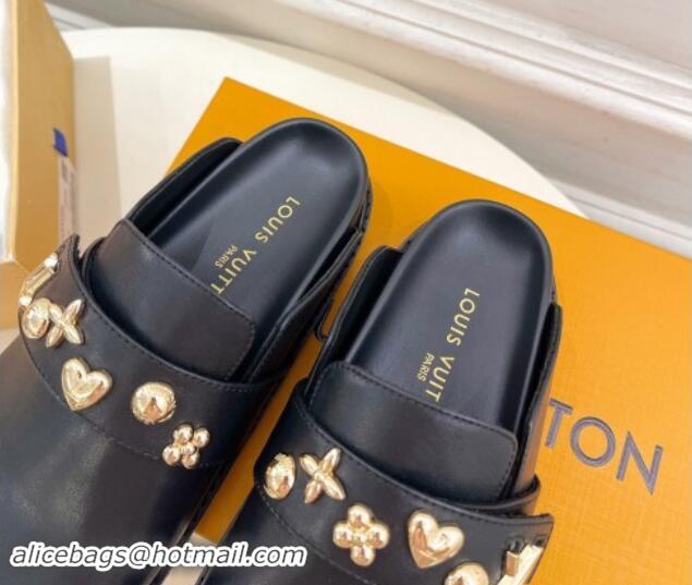 Best Grade Louis Vuitton LV Cosy Flat Comfort Clog Mules in Black Leather with Logo Band 1015007