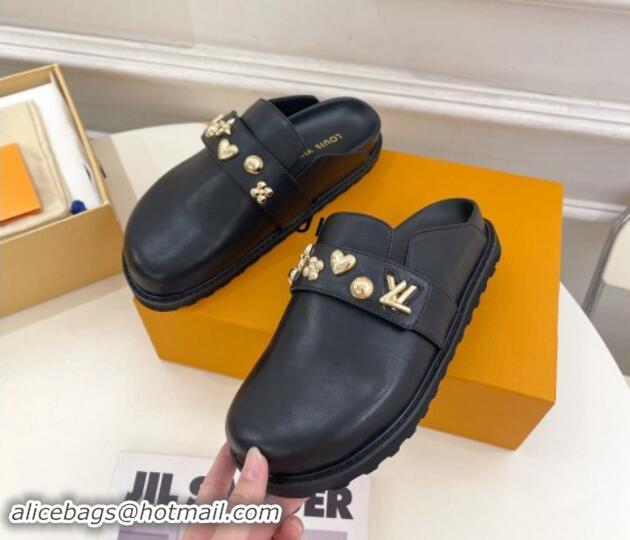 Best Grade Louis Vuitton LV Cosy Flat Comfort Clog Mules in Black Leather with Logo Band 1015007