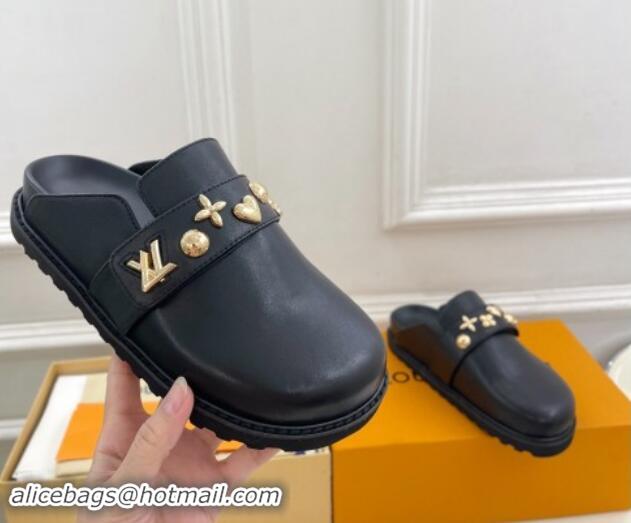 Best Grade Louis Vuitton LV Cosy Flat Comfort Clog Mules in Black Leather with Logo Band 1015007