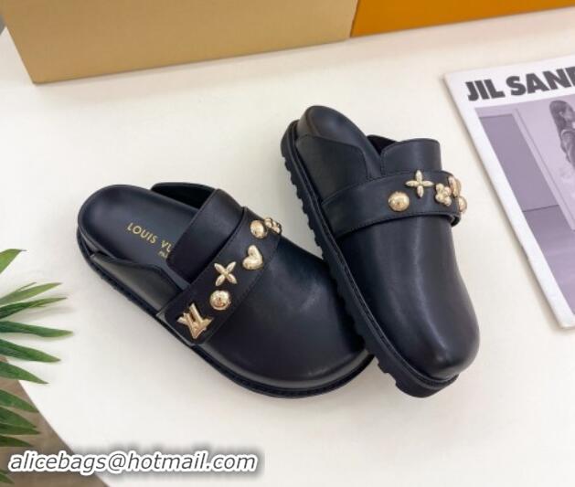 Best Grade Louis Vuitton LV Cosy Flat Comfort Clog Mules in Black Leather with Logo Band 1015007