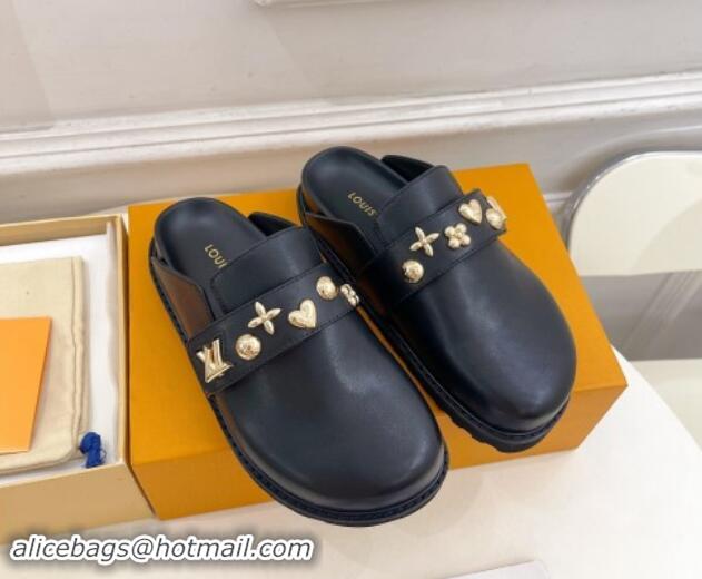 Best Grade Louis Vuitton LV Cosy Flat Comfort Clog Mules in Black Leather with Logo Band 1015007