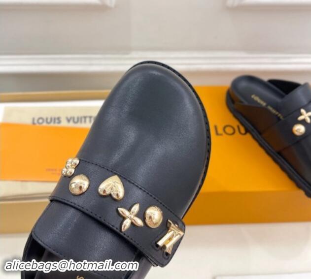 Best Grade Louis Vuitton LV Cosy Flat Comfort Clog Mules in Black Leather with Logo Band 1015007