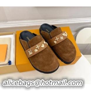 Low Price Louis Vuitton LV Cosy Flat Comfort Clog Mules in Suede with Logo Band Brown 1015008