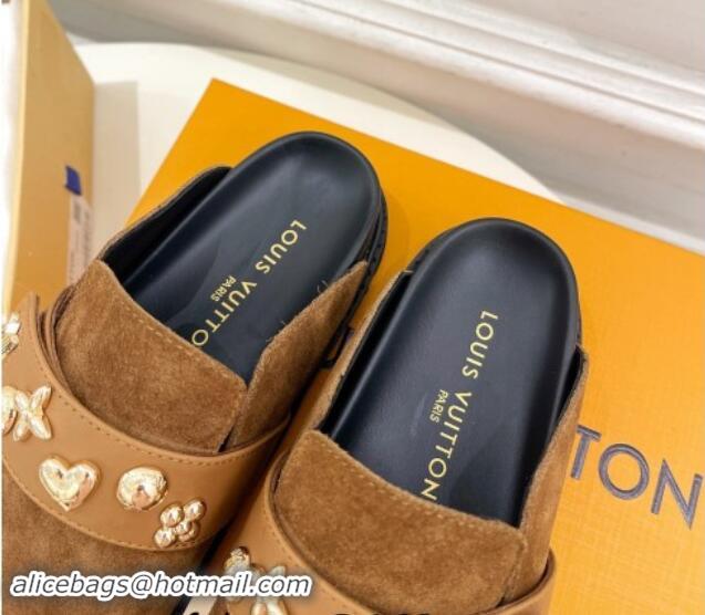 Low Price Louis Vuitton LV Cosy Flat Comfort Clog Mules in Suede with Logo Band Brown 1015008