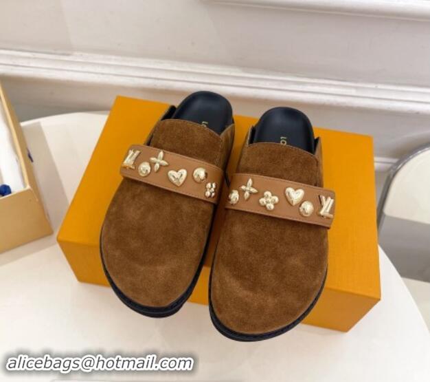 Low Price Louis Vuitton LV Cosy Flat Comfort Clog Mules in Suede with Logo Band Brown 1015008