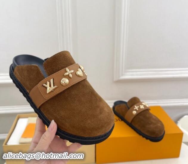 Low Price Louis Vuitton LV Cosy Flat Comfort Clog Mules in Suede with Logo Band Brown 1015008