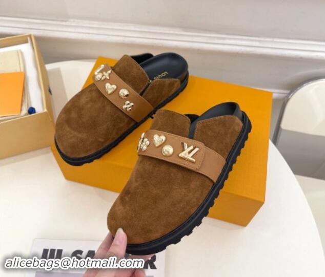 Low Price Louis Vuitton LV Cosy Flat Comfort Clog Mules in Suede with Logo Band Brown 1015008