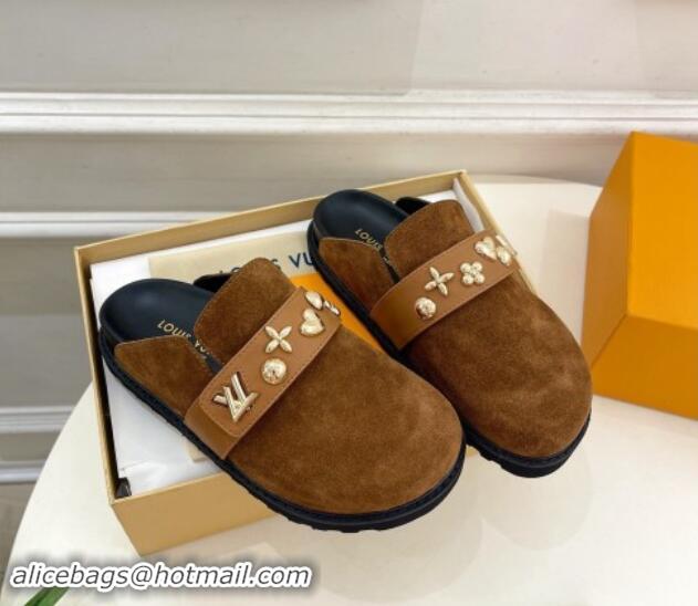 Low Price Louis Vuitton LV Cosy Flat Comfort Clog Mules in Suede with Logo Band Brown 1015008