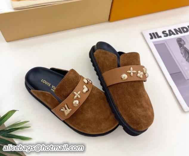 Low Price Louis Vuitton LV Cosy Flat Comfort Clog Mules in Suede with Logo Band Brown 1015008