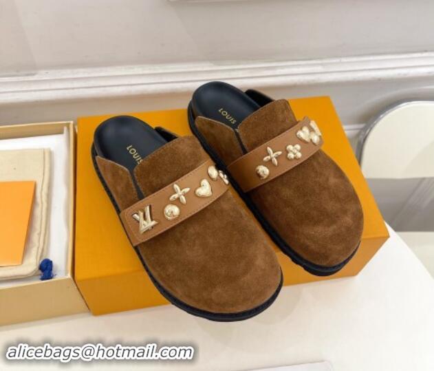 Low Price Louis Vuitton LV Cosy Flat Comfort Clog Mules in Suede with Logo Band Brown 1015008