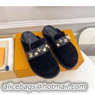 Most Popular Louis Vuitton LV Cosy Flat Comfort Clog Mules in Suede with Logo Band Black 1015009