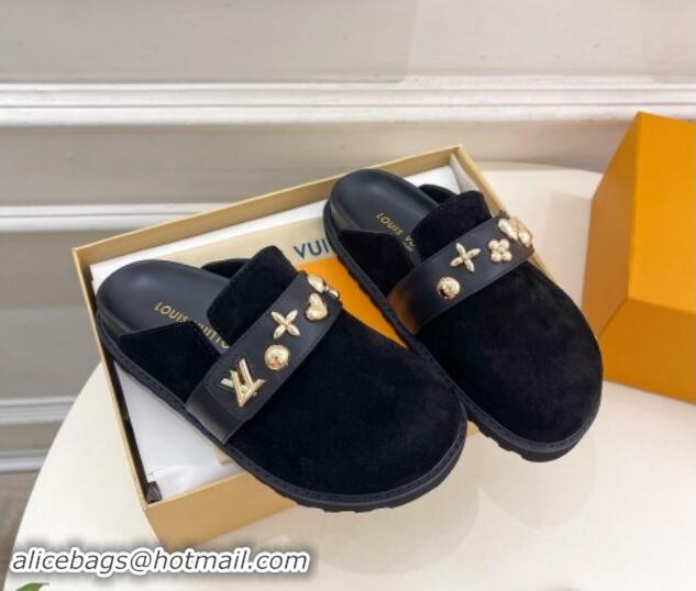 Most Popular Louis Vuitton LV Cosy Flat Comfort Clog Mules in Suede with Logo Band Black 1015009