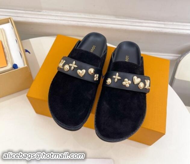 Most Popular Louis Vuitton LV Cosy Flat Comfort Clog Mules in Suede with Logo Band Black 1015009