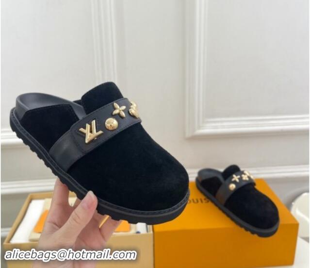 Most Popular Louis Vuitton LV Cosy Flat Comfort Clog Mules in Suede with Logo Band Black 1015009