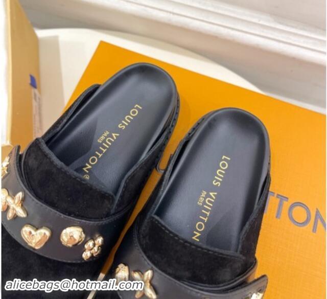 Most Popular Louis Vuitton LV Cosy Flat Comfort Clog Mules in Suede with Logo Band Black 1015009