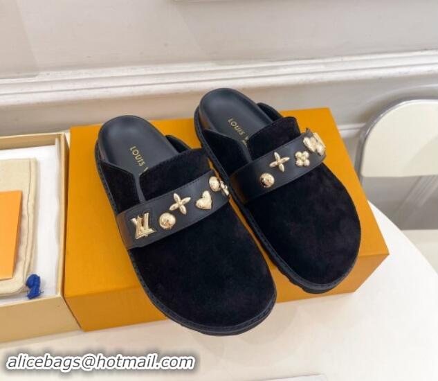 Most Popular Louis Vuitton LV Cosy Flat Comfort Clog Mules in Suede with Logo Band Black 1015009