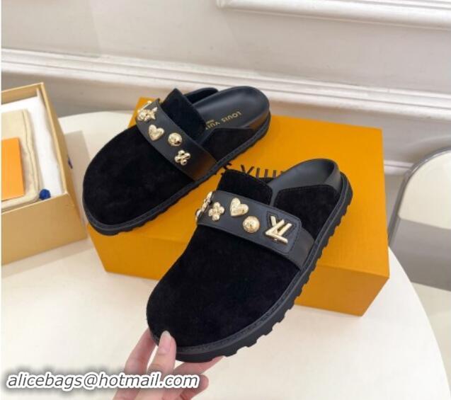 Most Popular Louis Vuitton LV Cosy Flat Comfort Clog Mules in Suede with Logo Band Black 1015009