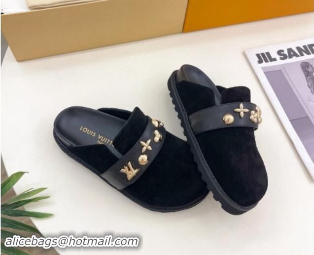 Most Popular Louis Vuitton LV Cosy Flat Comfort Clog Mules in Suede with Logo Band Black 1015009