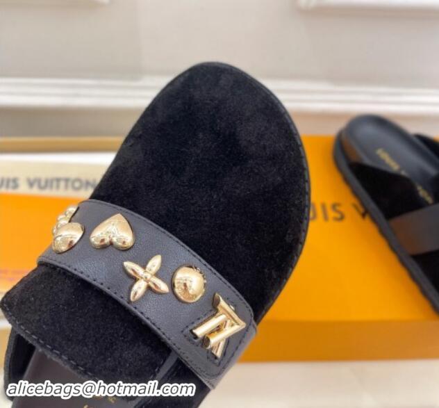 Most Popular Louis Vuitton LV Cosy Flat Comfort Clog Mules in Suede with Logo Band Black 1015009