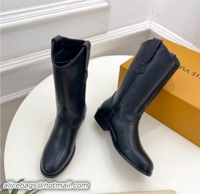 Good Quality Louis Vuitton LV Rider Mid Boots 3cm in Black Leather with Monogram Flowers Heel 1015011