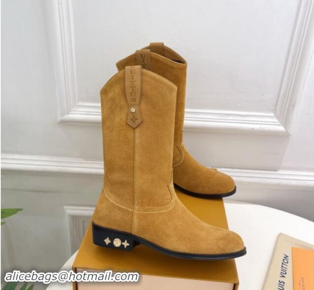 Best Price Louis Vuitton LV Rider Mid Boots 3cm in Suede with Monogram Flowers Heel Dark Beige 1015012