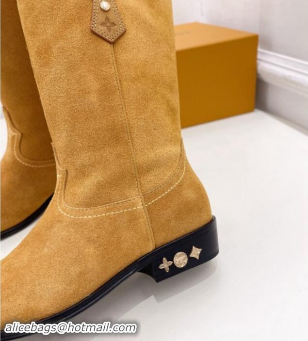 Best Price Louis Vuitton LV Rider Mid Boots 3cm in Suede with Monogram Flowers Heel Dark Beige 1015012