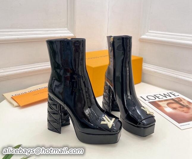 Stylish Louis Vuitton Shake Platform Ankle Boots 12cm in Black Patent Leather with Quilted Heel 1015023