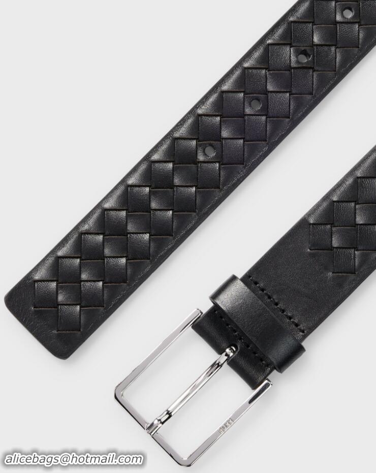 ​Well Crafted Bottega Veneta Intrecciato Piccolo Calfskin Leather Belt Width 3.5cm 796783 Black