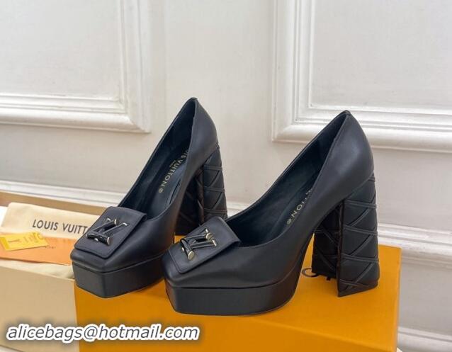 Classic Hot Louis Vuitton Shake Platform Pumps 12cm in Black Calf Leather with Quilted Heel 1015027