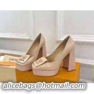 Grade Quality Louis Vuitton Shake Platform Pumps 12cm in Beige Patent Leather with Quilted Heel 1015028