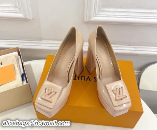 Grade Quality Louis Vuitton Shake Platform Pumps 12cm in Beige Patent Leather with Quilted Heel 1015028