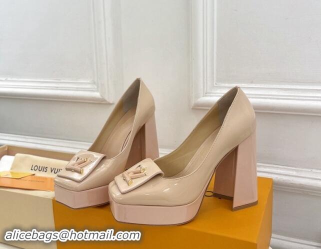 Grade Quality Louis Vuitton Shake Platform Pumps 12cm in Beige Patent Leather with Quilted Heel 1015028