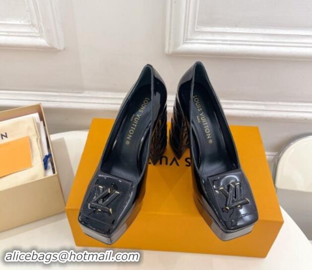 Best Grade Louis Vuitton Shake Platform Pumps 12cm in Black Patent Leather with Quilted Heel 1015029