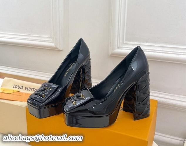 Best Grade Louis Vuitton Shake Platform Pumps 12cm in Black Patent Leather with Quilted Heel 1015029