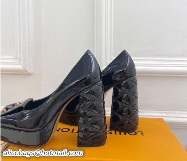 Best Grade Louis Vuitton Shake Platform Pumps 12cm in Black Patent Leather with Quilted Heel 1015029