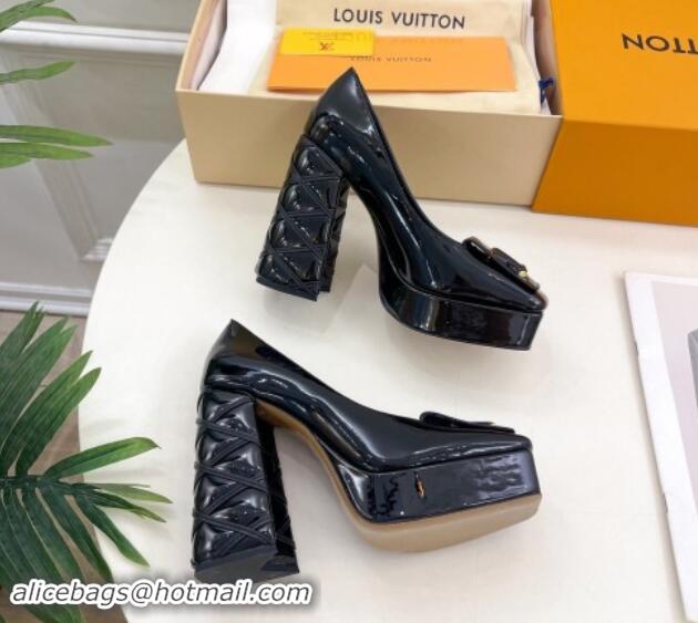 Best Grade Louis Vuitton Shake Platform Pumps 12cm in Black Patent Leather with Quilted Heel 1015029