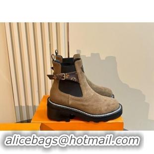 Top Design Louis Vuitton LV Beaubourg Ankle Boots 4cm in Suede with Buckle Dark Beige 1015034