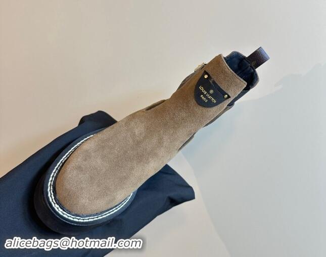 Top Design Louis Vuitton LV Beaubourg Ankle Boots 4cm in Suede with Buckle Dark Beige 1015034