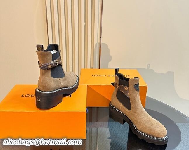 Top Design Louis Vuitton LV Beaubourg Ankle Boots 4cm in Suede with Buckle Dark Beige 1015034