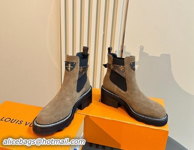 Top Design Louis Vuitton LV Beaubourg Ankle Boots 4cm in Suede with Buckle Dark Beige 1015034