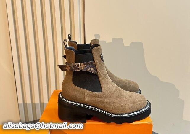 Top Design Louis Vuitton LV Beaubourg Ankle Boots 4cm in Suede with Buckle Dark Beige 1015034