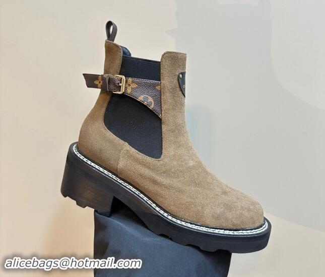 Top Design Louis Vuitton LV Beaubourg Ankle Boots 4cm in Suede with Buckle Dark Beige 1015034