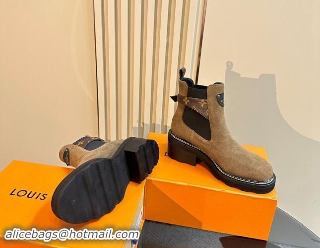 Top Design Louis Vuitton LV Beaubourg Ankle Boots 4cm in Suede with Buckle Dark Beige 1015034