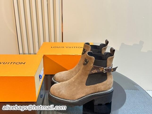 Top Design Louis Vuitton LV Beaubourg Ankle Boots 4cm in Suede with Buckle Dark Beige 1015034