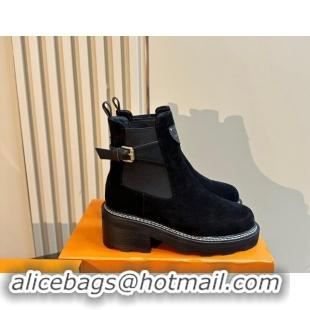 Sumptuous Louis Vuitton LV Beaubourg Ankle Boots 4cm in Suede with Buckle Black 1015035